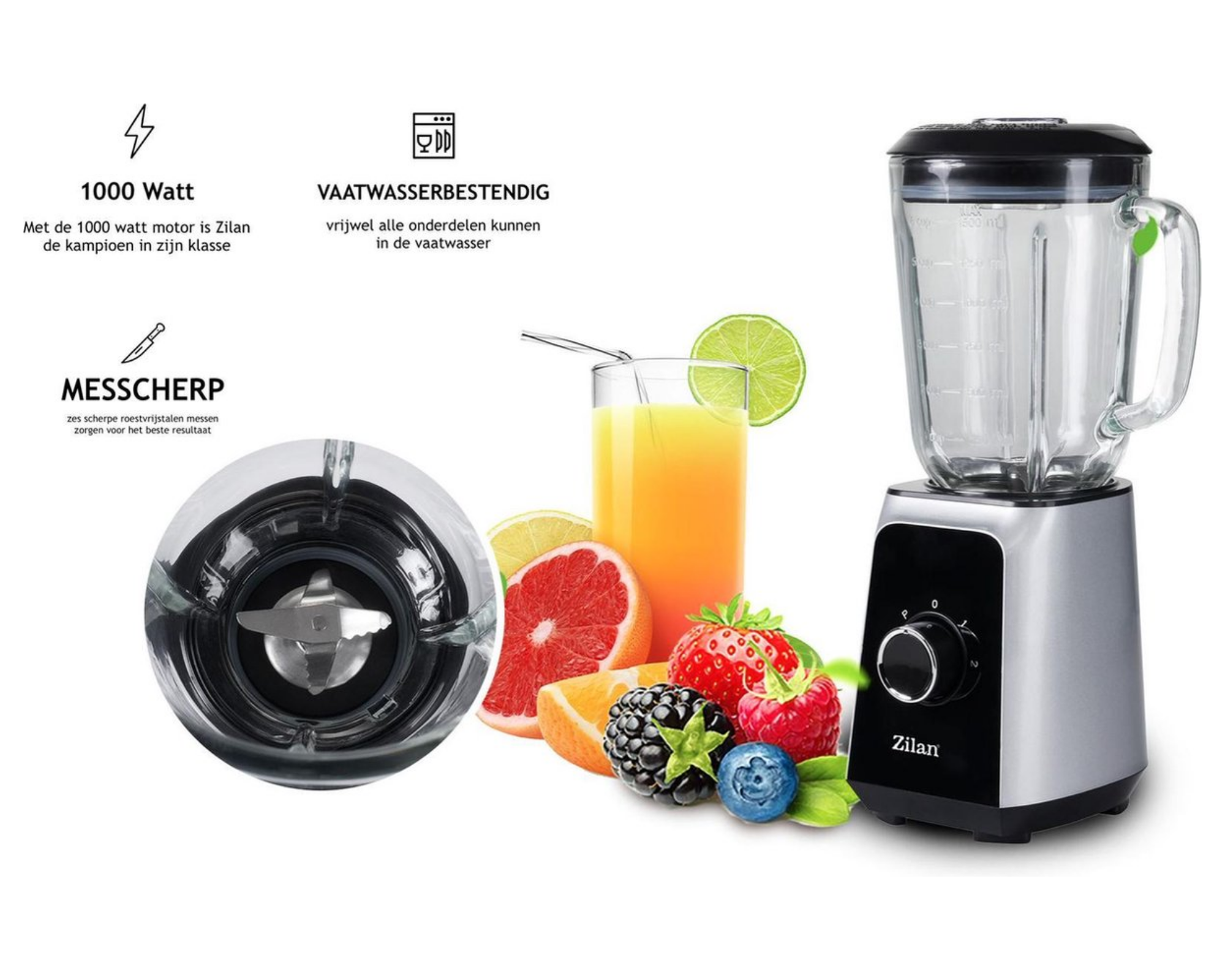 Zilan - Power blender XL met glazen kan - 1000 Watt - 1.5 Liter - Ice crusher - Smoothie maker