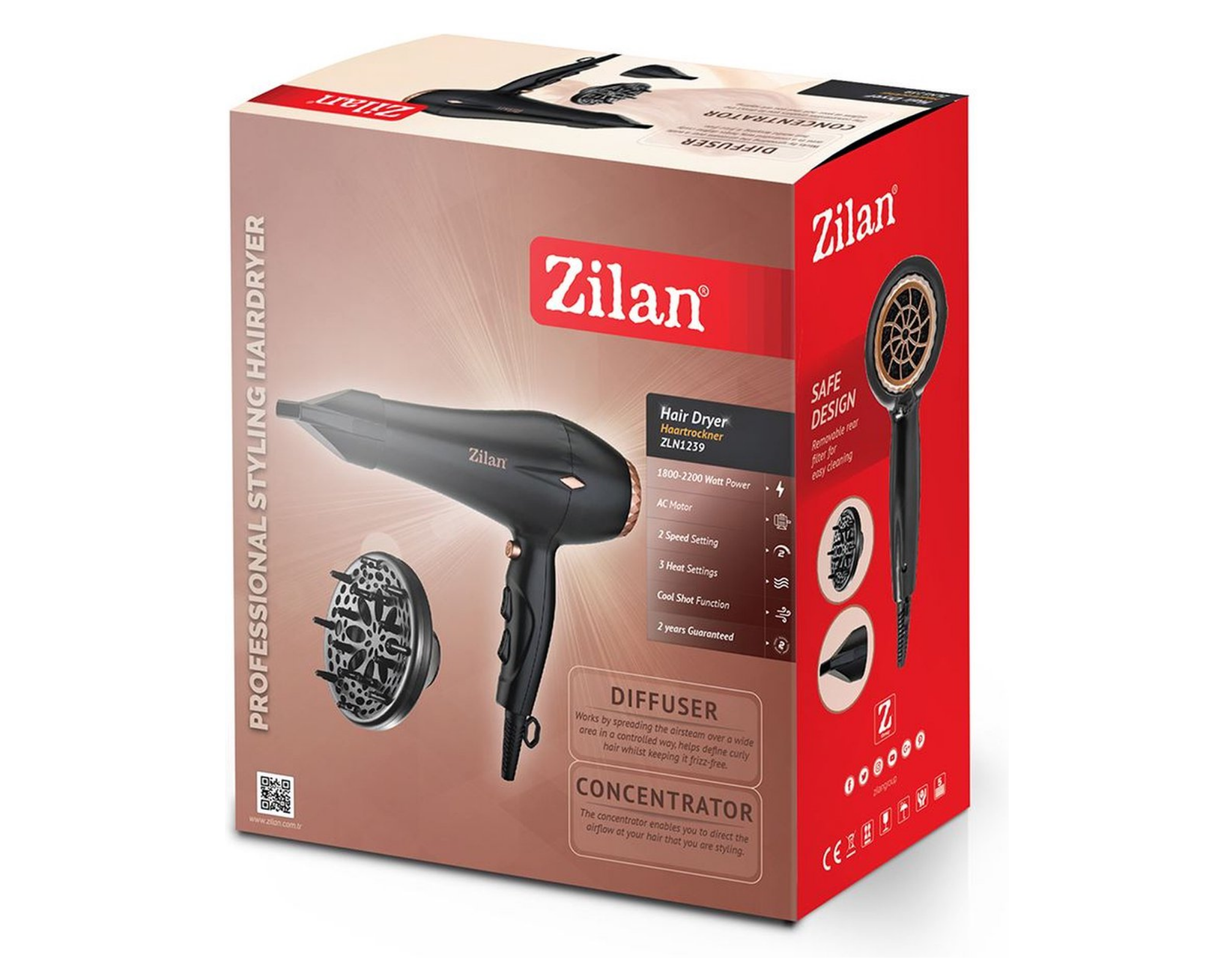 Zilan - Haardroger met diffuser - Fohn met diffuser - Zeer krachtig - 2000 Watt - Gold line