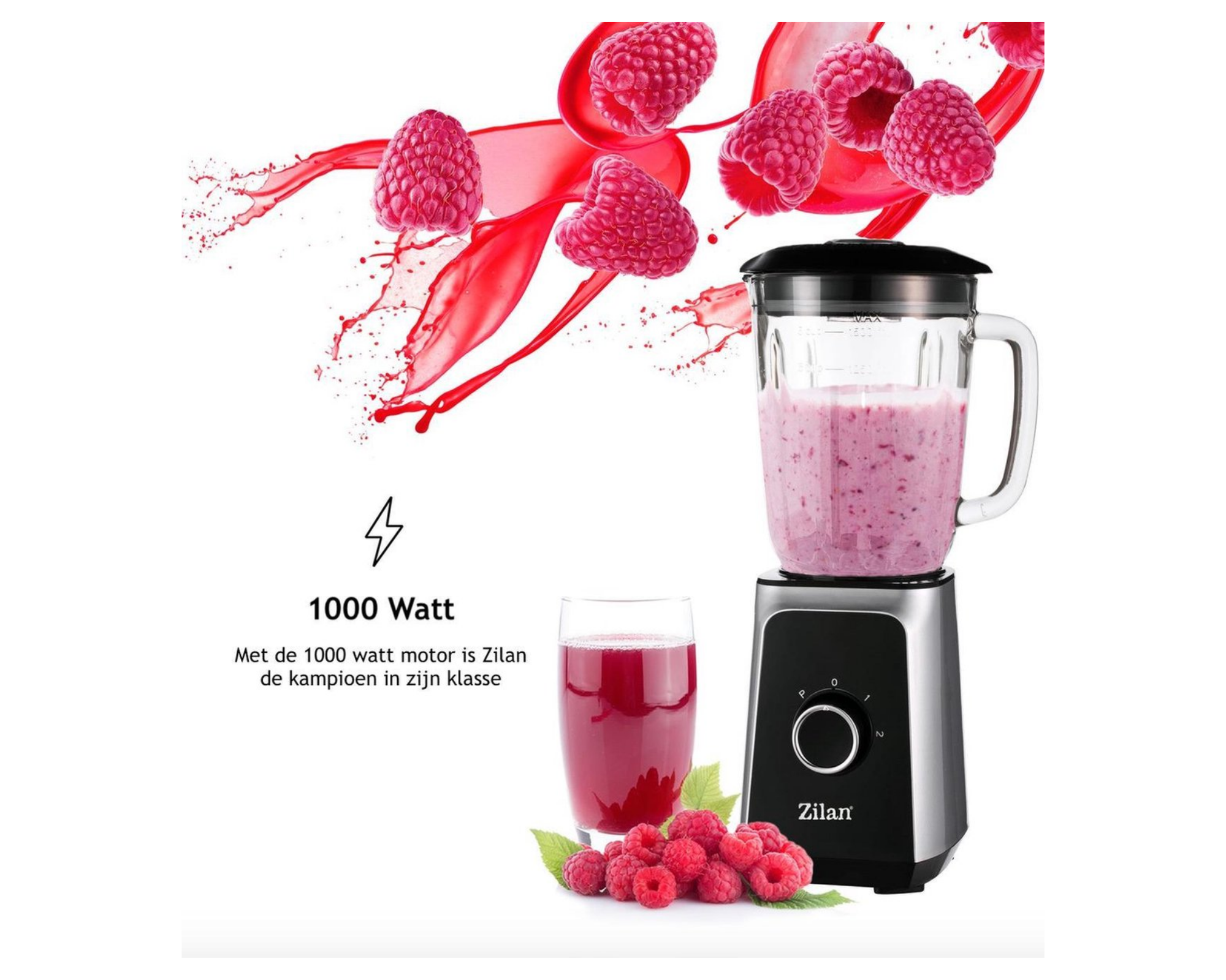 Zilan - Power blender XL met glazen kan - 1000 Watt - 1.5 Liter - Ice crusher - Smoothie maker