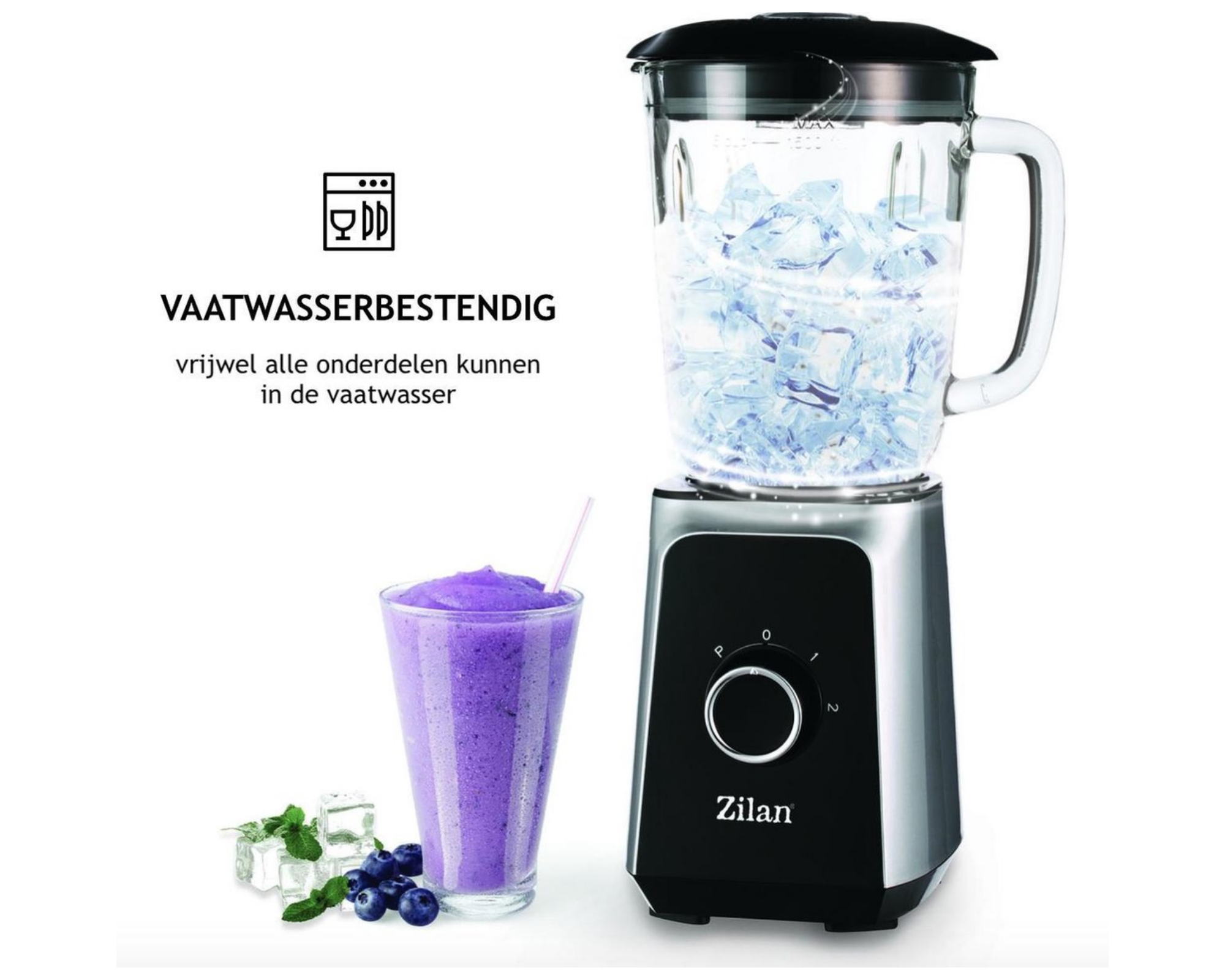 Zilan - Power blender XL met glazen kan - 1000 Watt - 1.5 Liter - Ice crusher - Smoothie maker